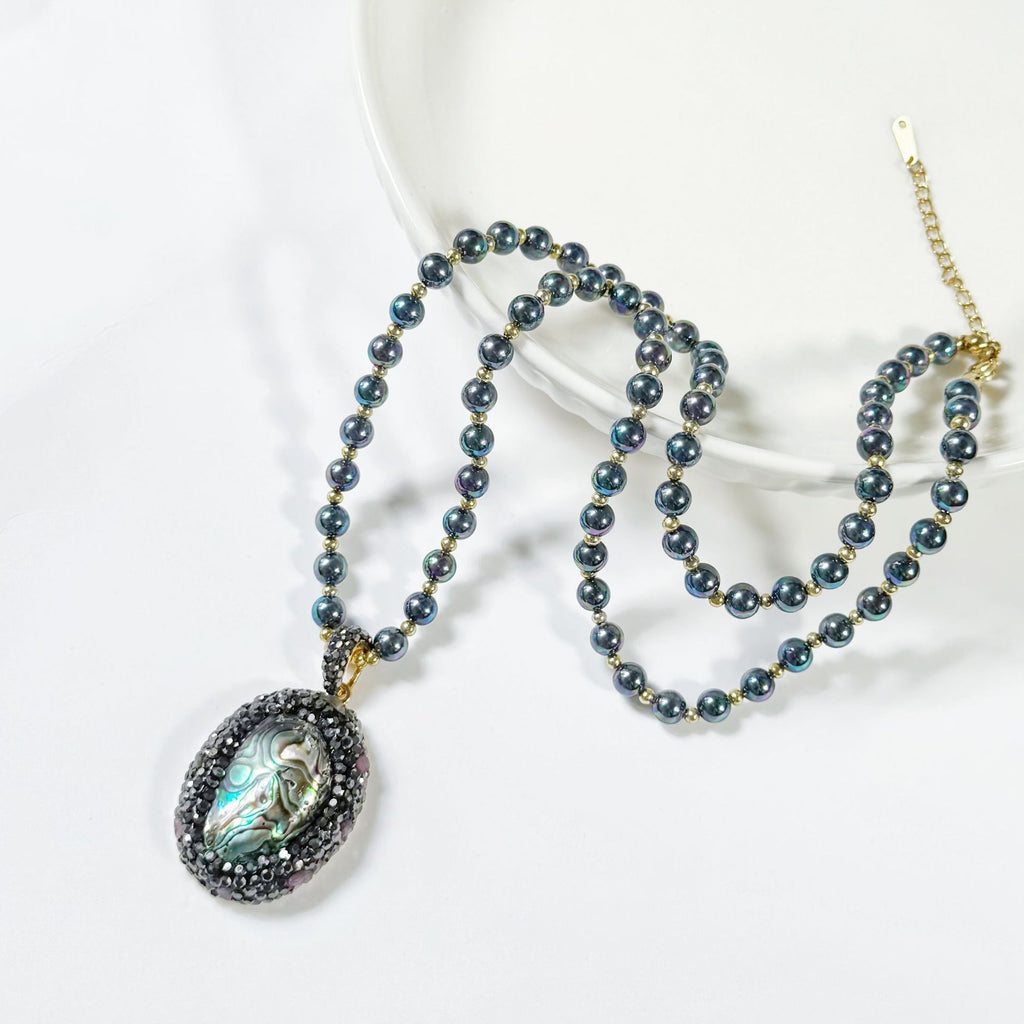 Natural Abalone Shell Pendant Black Stone Necklace