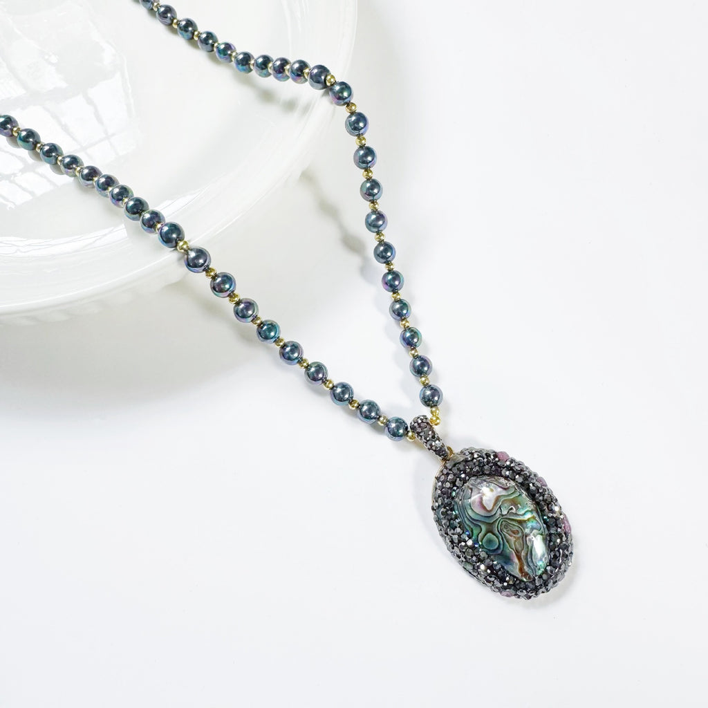 Natural Abalone Shell Pendant Black Stone Necklace