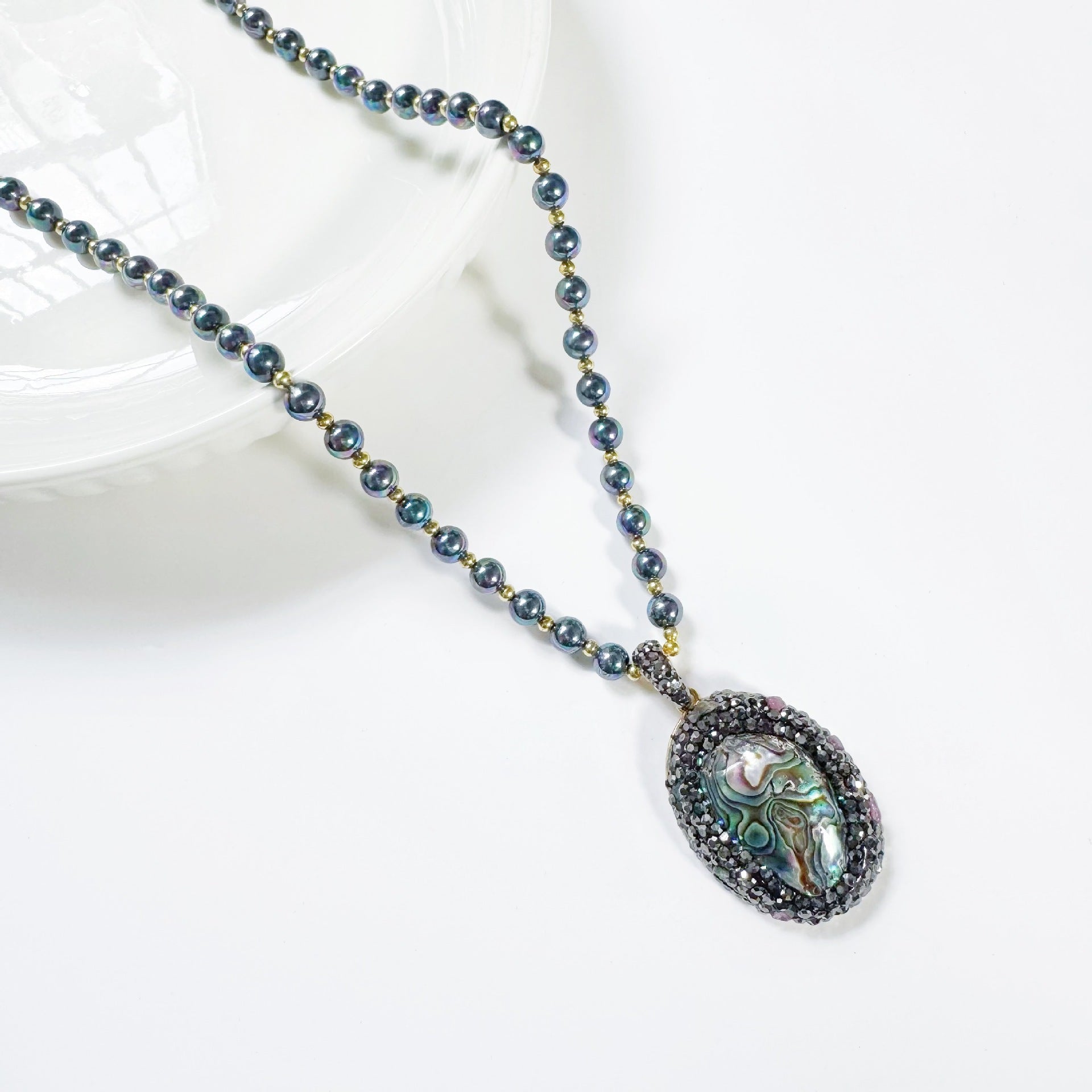 Natural Abalone Shell Pendant Black Stone Necklace