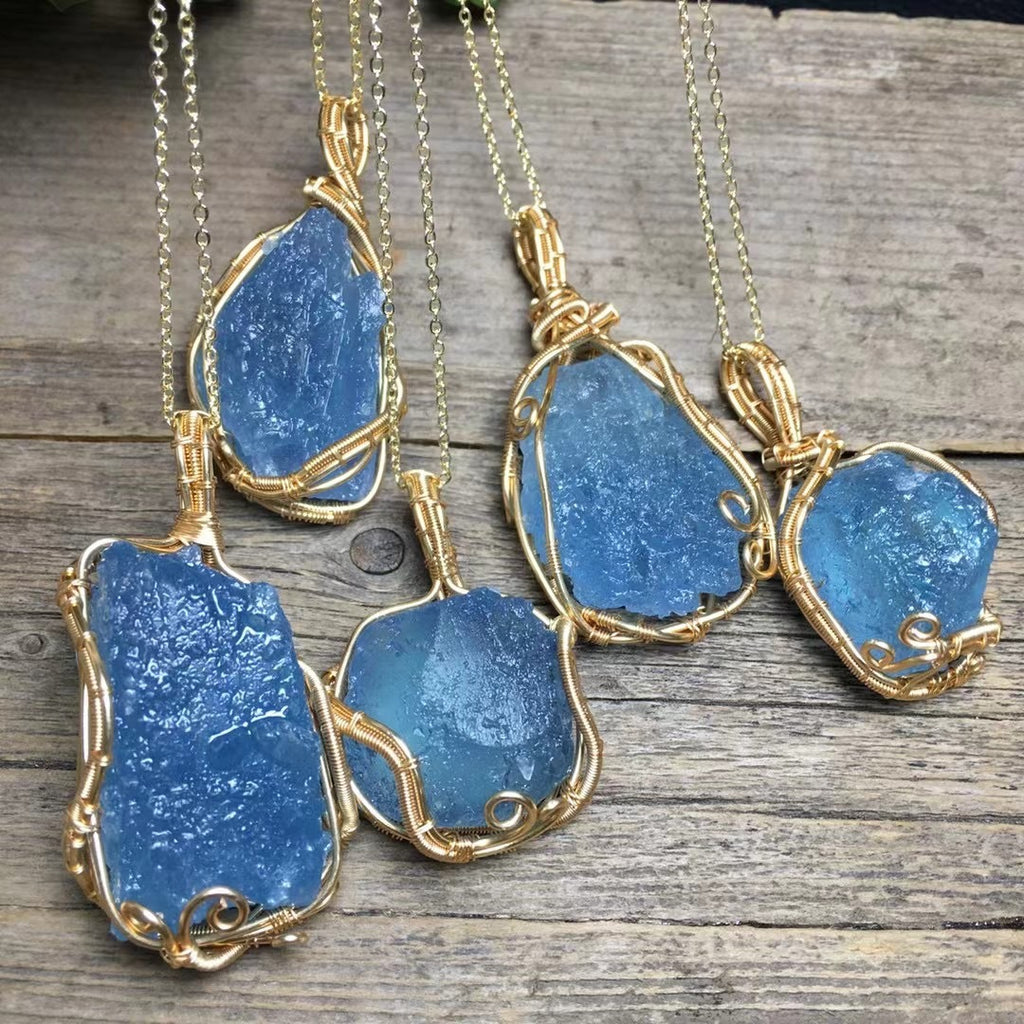 Natural Aquamarine Raw Stone Handmade Copper Wire Crystal Pendant