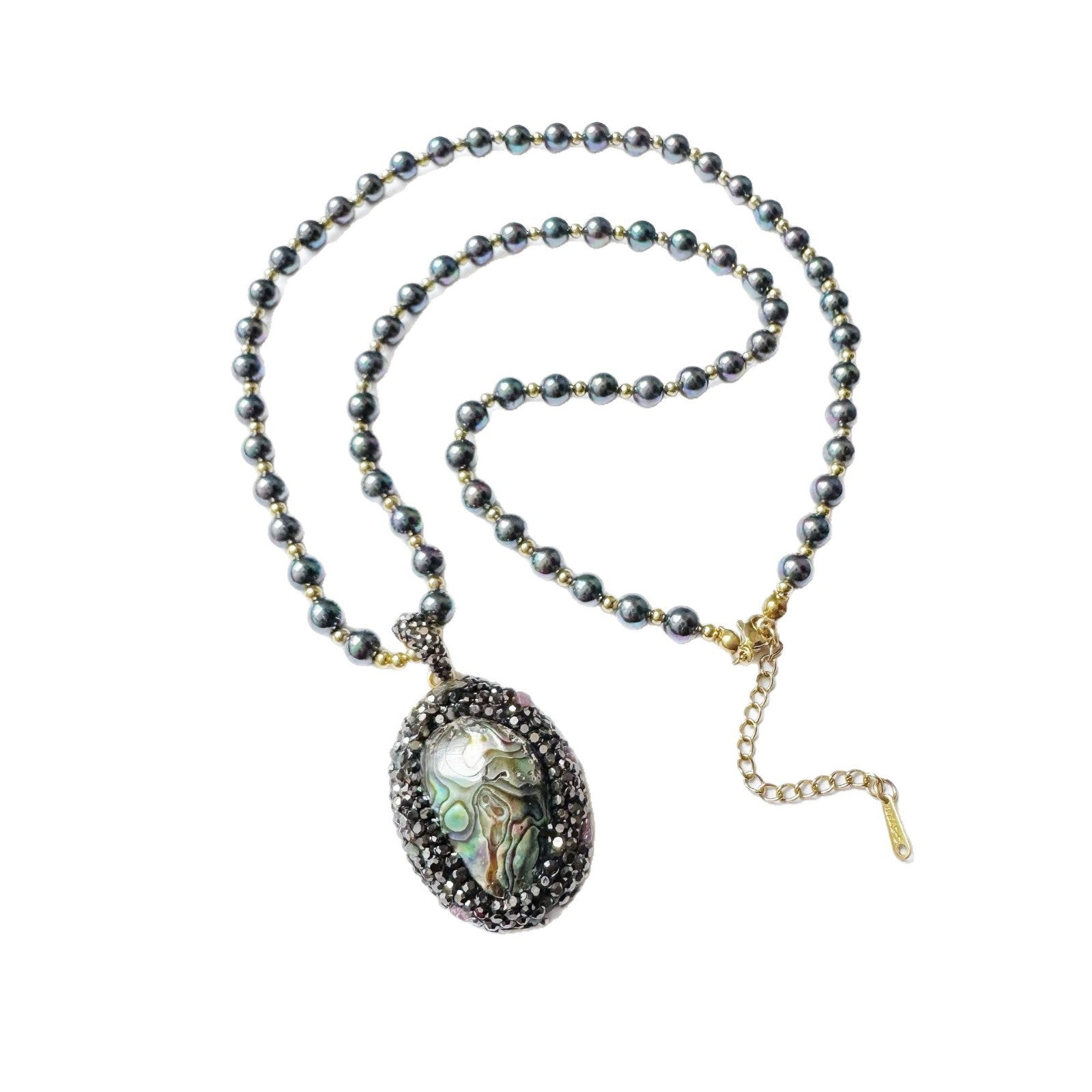 Natural Abalone Shell Pendant Black Stone Necklace