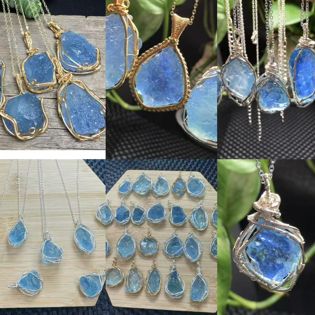 Natural Aquamarine Raw Stone Handmade Copper Wire Crystal Pendant